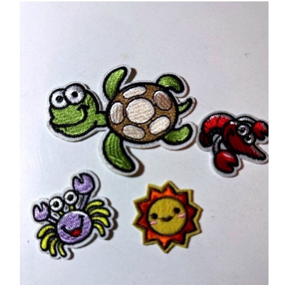 4pc Sea Turtle Crab Lobster Sun Embroidered Iron On Patches Set Nautical DIY